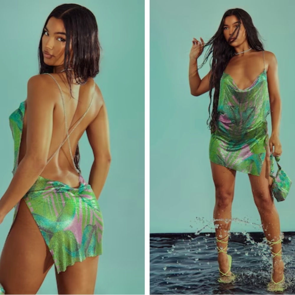 Pink Palm Chainmail Halterneck Open Back Mini
Beach Dress